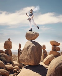 a man standing on top of rocks in the desert